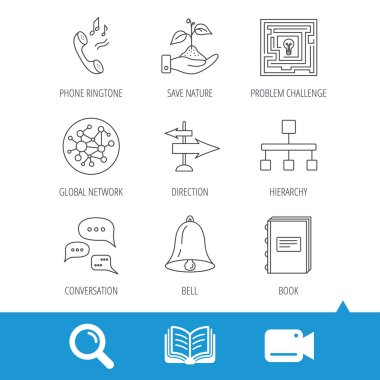 Konuşma, küresel ağ ve yön simgesi.