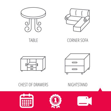 Köşe kanepe, masa ve komidin simgeler.