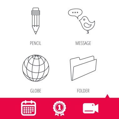 Kalem, mesaj ve dünya küre simgeleri.