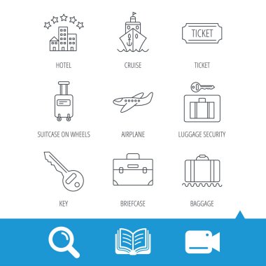 Otel, cruise gemi ve uçak simgeleri.