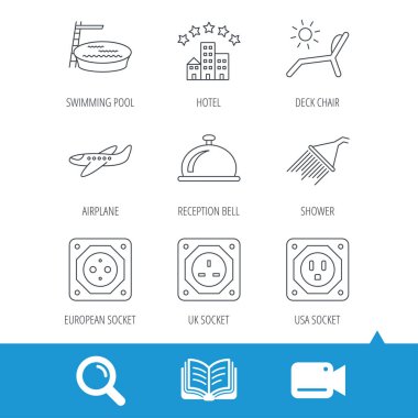 Otel, havuz ve plaj şezlong simgeler.