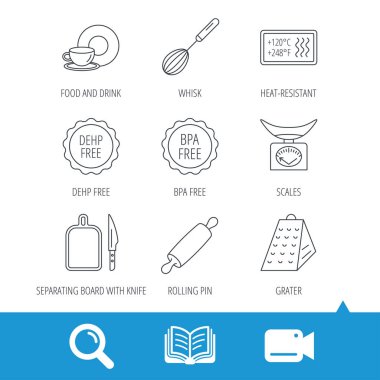 Mutfak ölçekler, çırpma teli ve rende simgeler.