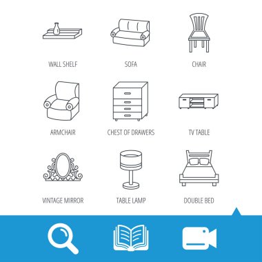 Çift Kişilik Yatak, Masa lambası ve koltuk simgeler.