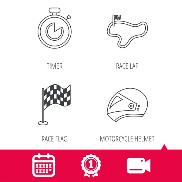Yarış bayrak, zamanlayıcı ve motosiklet kask simgeleri. — Stok Vektör