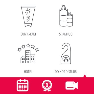 Simgeler otel, şampuan ve güneş kremi.