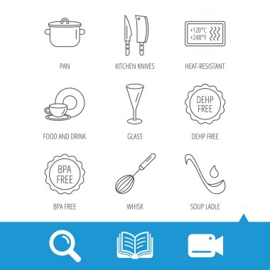 Mutfak bıçakları, cam ve pan simgeleri.