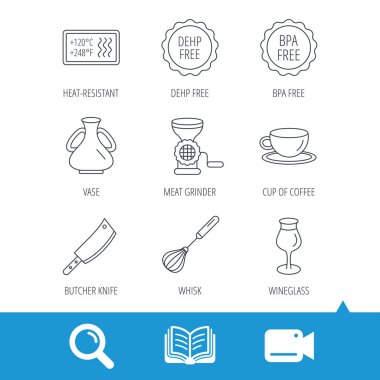 Kahve fincanı, kasap bıçağı ve bardağı simgeler.