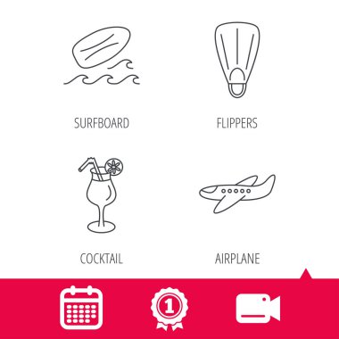 Sörf tahtası, dalgalar ve kokteyl simgeler.