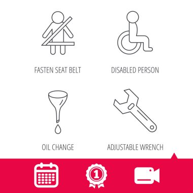 Emniyet kemeri, yağ değişimi ve İngiliz anahtarı simgeler aracı.