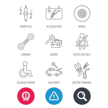 Akümülatör, spanner aracı ve araba servisi simgeleri.