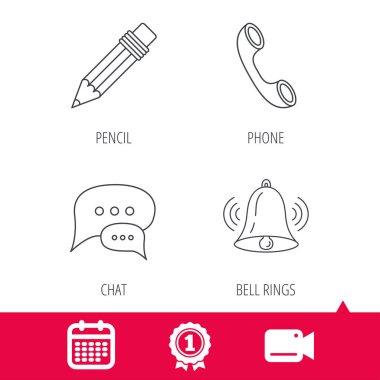 Sohbet konuşma balonları, çan ve kalem simgeleri.