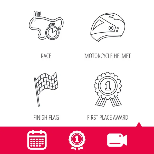 Race vlag, motorhelm en award medaille. — Stockvector