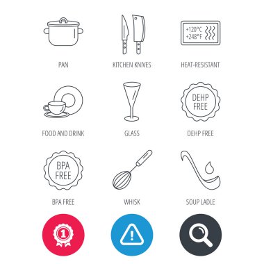 Mutfak bıçakları, cam ve pan simgeleri.