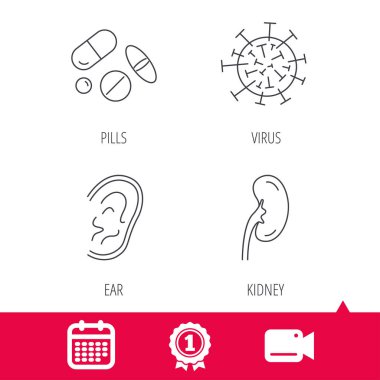 Tıbbi hapları, virüs ve kulak simgeleri.