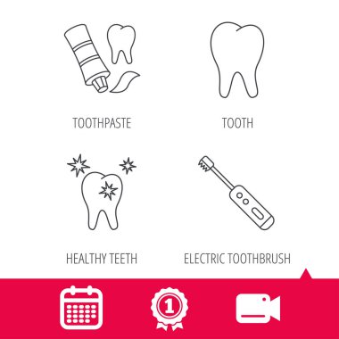 Sağlıklı dişler, diş ve diş macunu simgeleri.