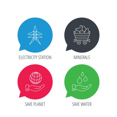 Su, gezegen ve elektrik istasyonu simgeler kaydedin. Mineraller.