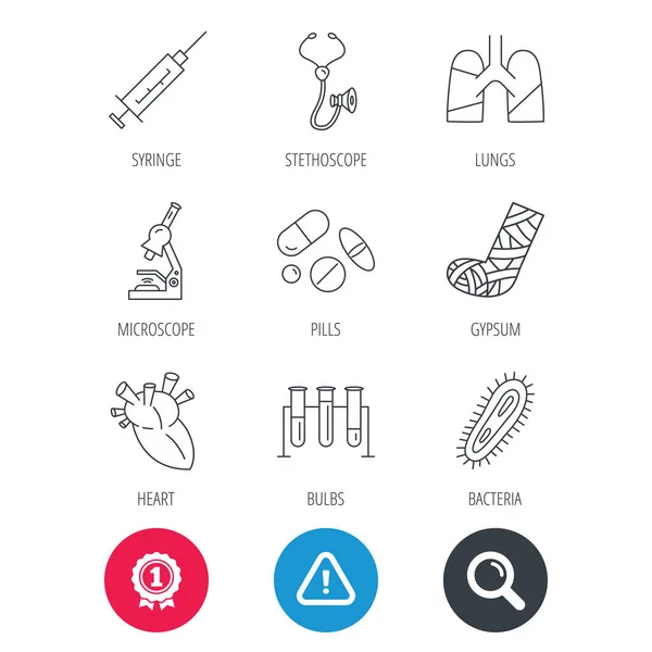 Broken foot, lungs and syringe icons. — Stock Vector