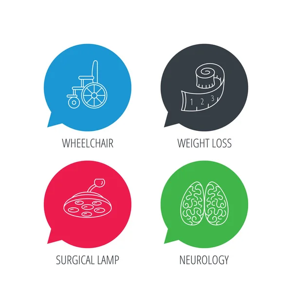 Wheelchair, neurology and weight loss icons. — Stock Vector