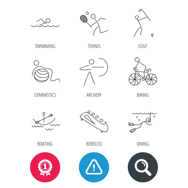 Iconos de natación, tenis y golf. Ciclismo, buceo . — Vector de stock