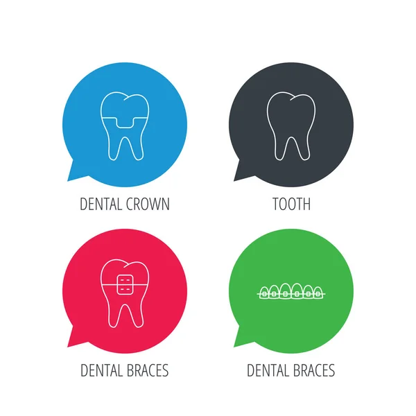 Dental crown, braces and tooth icons. — Stock Vector