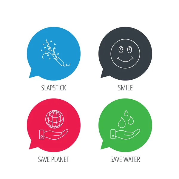 Ahorre agua, salvar el planeta y slapstick iconos . — Vector de stock