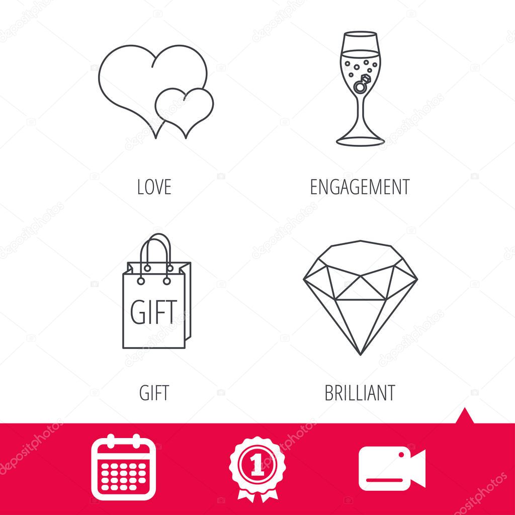 Achievement and video cam signs. Love heart, gift box and wedding ring icons. Brilliant and engagement linear signs. Calendar icon. Vector