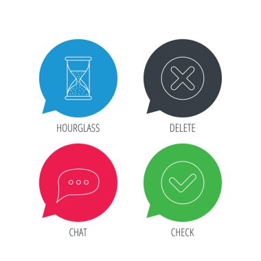 Konuşma balonu, kum saati ve onay simgeler sohbet.
