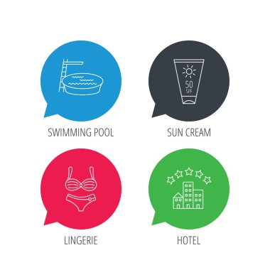 Otel, Yüzme Havuzu ve güneş kremi simgeler.