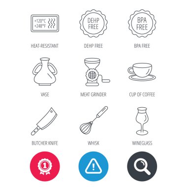 Kahve fincanı, kasap bıçağı ve bardağı simgeler.