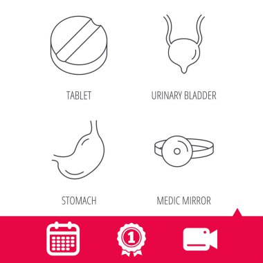 Tıbbi ayna, tablet ve mide organ simgeler.