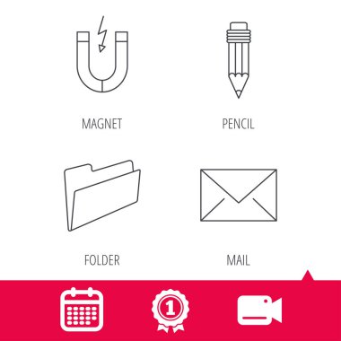 Klasör, kalem ve posta zarf simgeleri.