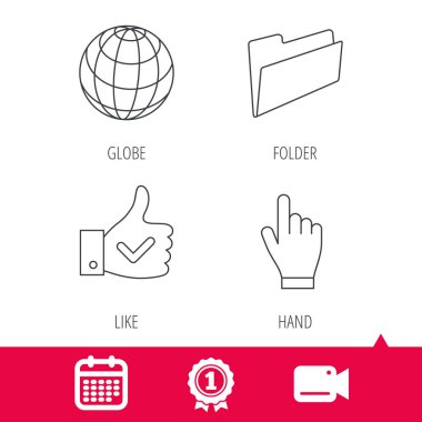 Klasör, basın el ve dünya küre simgeleri.