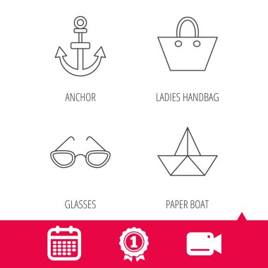 Kağıt tekne, çapa ve gözlük simgeleri.