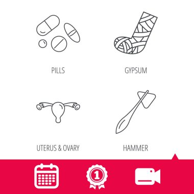 Çekiç, kırık bacak ve tıbbi hapları simgeler.