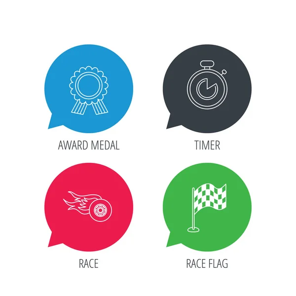 레이스 플래그, 우승자 메달 및 타이머 아이콘. — 스톡 벡터