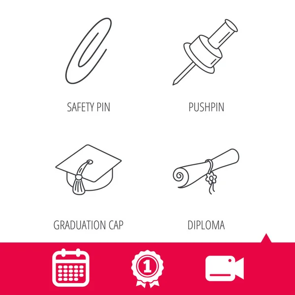 Graduation cap, pushpin and diploma icons. — Stock Vector