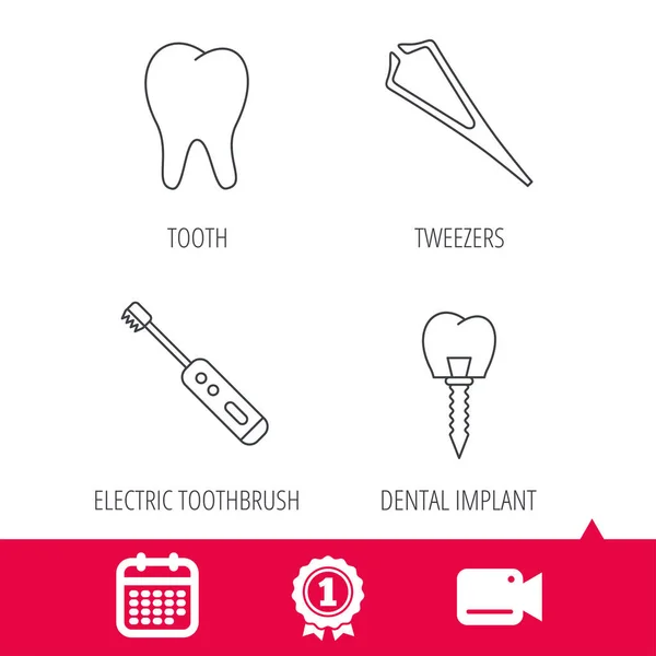 Dental implantat, tand och pincett ikoner. — Stock vektor