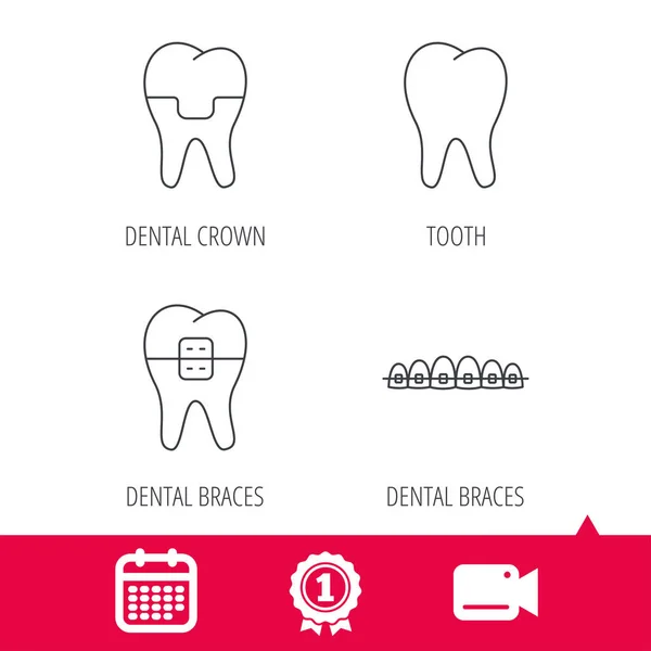 Dental crown, braces and tooth icons. — Stock Vector