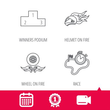 Kazanan podyum, yarış zamanlayıcı ve tekerlek üzerinde ateş.