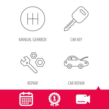 Araba anahtarı, onarım araçları ve manuel şanzıman simgeler.