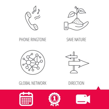 Telefon, genel ağ ve yön simgesi.