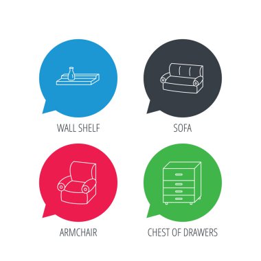 Kanepe, koltuk simgeler ve duvar raf.