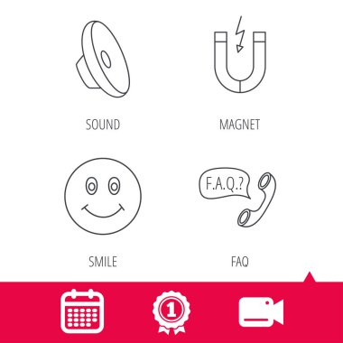 Mıknatıs, yüz ve SSS konuşma balonu simgeler gülümseyen.