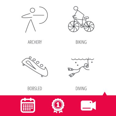 Dalış, Bisiklet ve okçuluk simgeler.