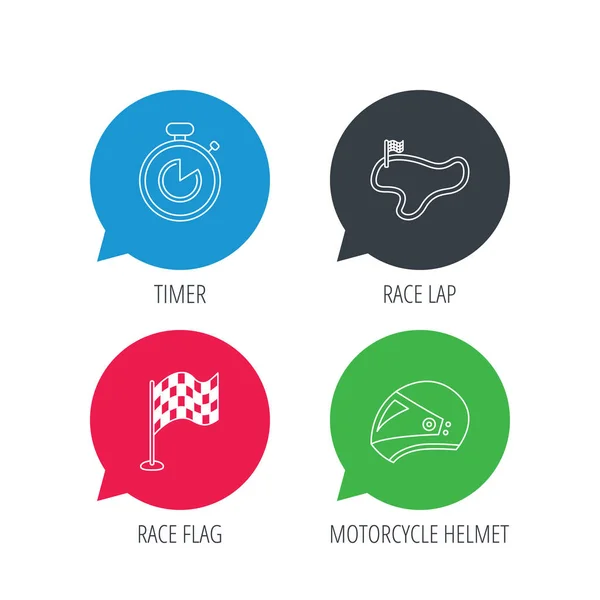 种族标志、 计时器和摩托车头盔图标. — 图库矢量图片