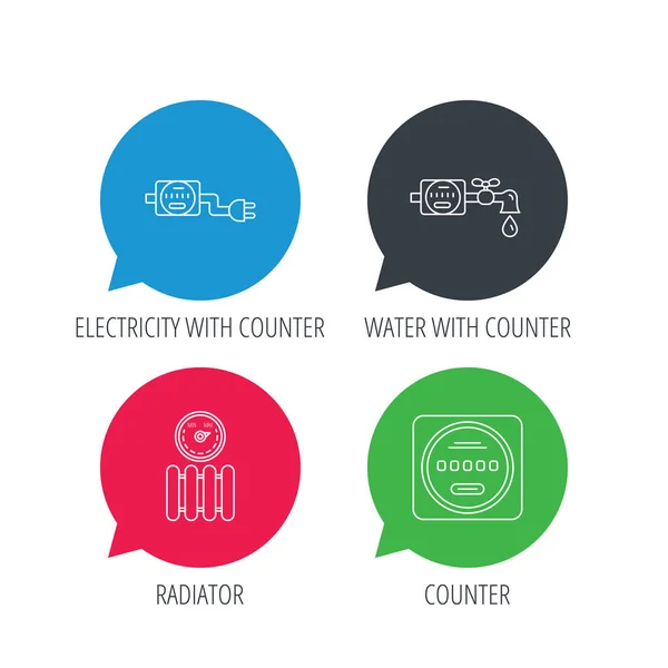 Iconos de contador de electricidad, radiador y agua . — Vector de stock