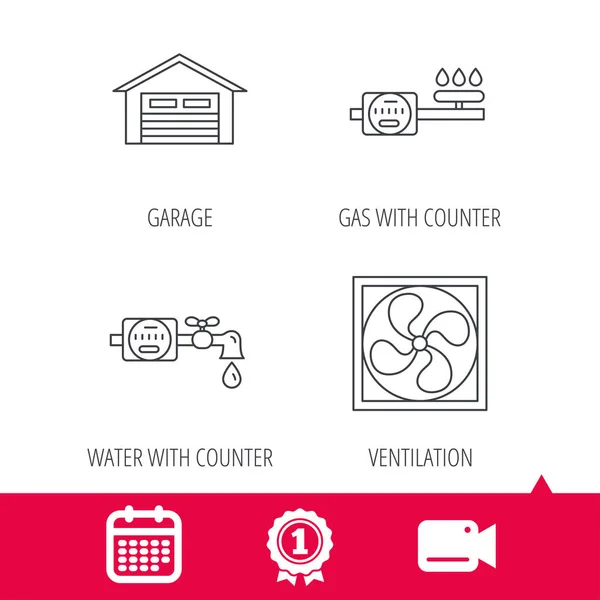 Ventilatie, garage en water teller pictogrammen. — Stockvector