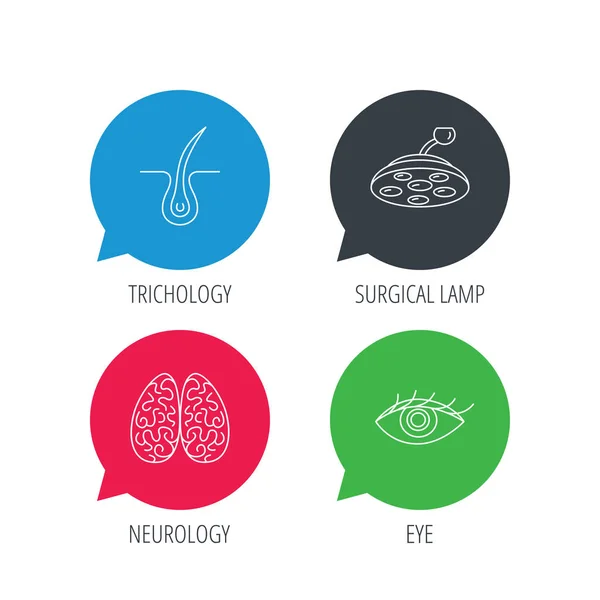 Iconos de ojo, neurología cerebral y lámpara quirúrgica . — Archivo Imágenes Vectoriales