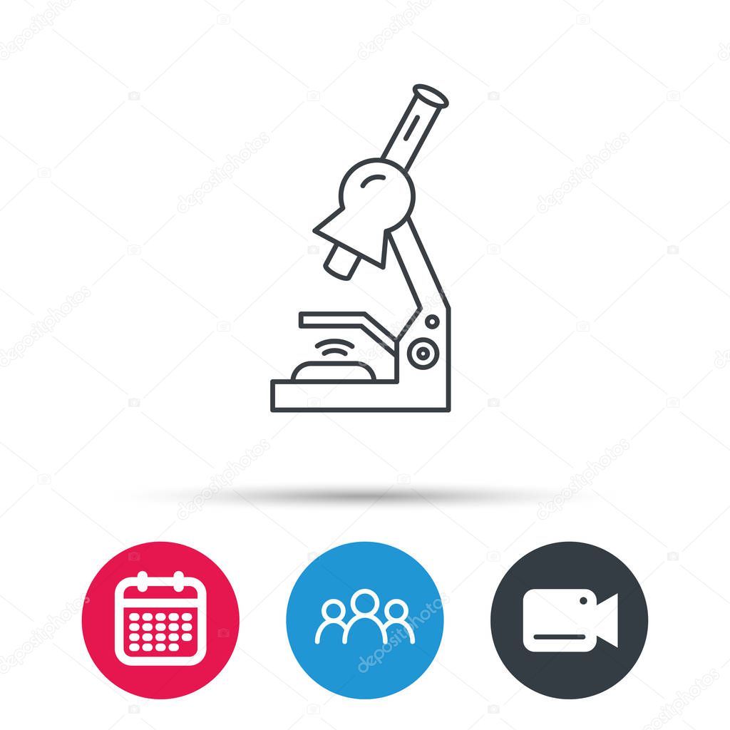 Microscope icon. Medical laboratory equipment sign. Pathology or scientific symbol. Group of people, video cam and calendar icons. Vector
