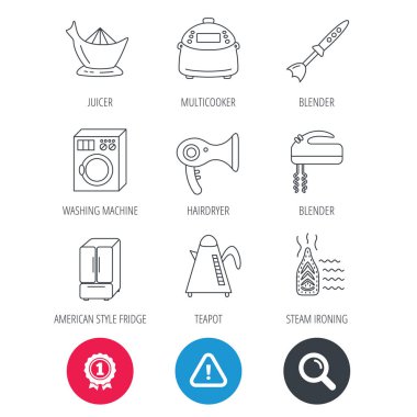 Çamaşır makinesi, çaydanlık ve blender simgeleri.